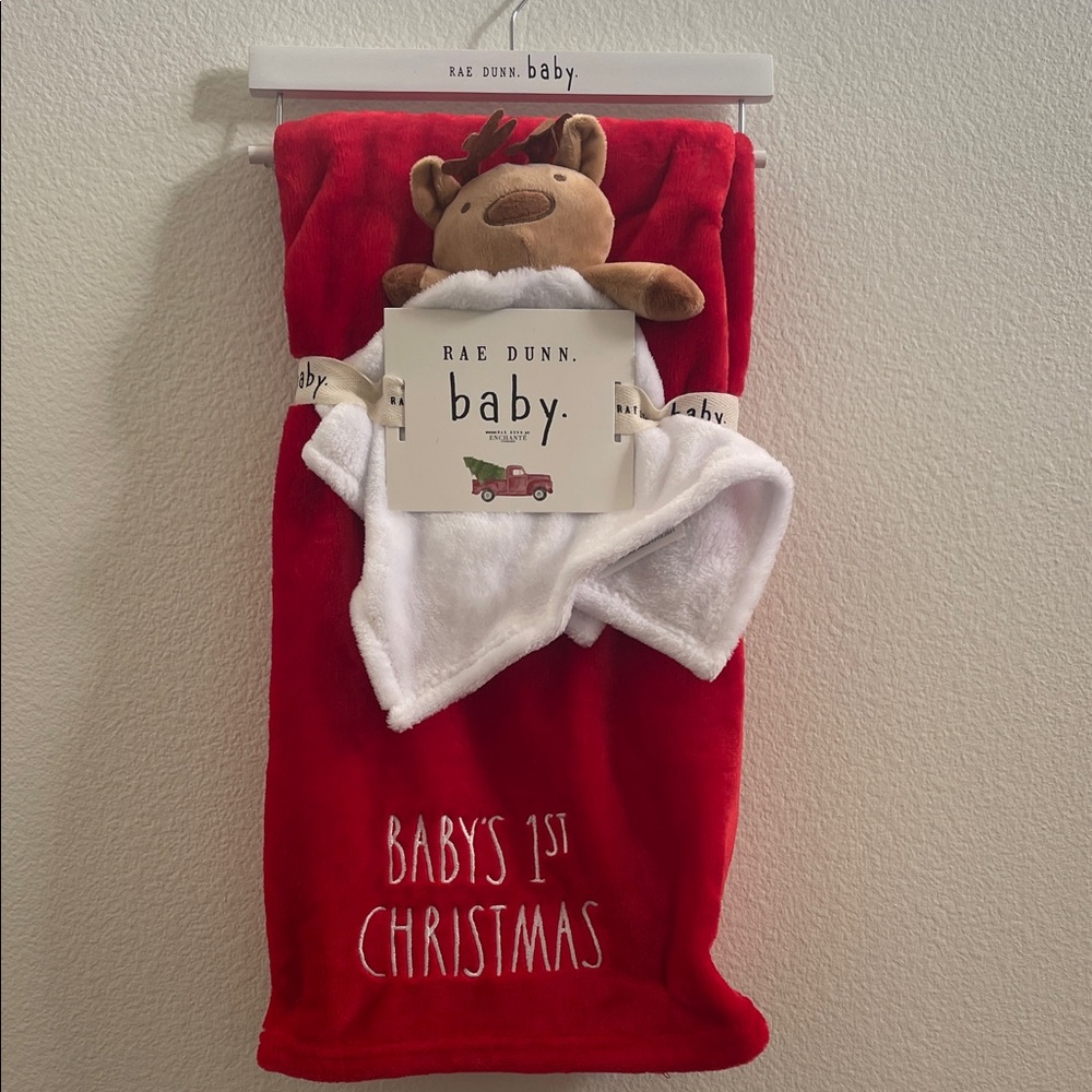 Rae Dunn BABY’S 1st CHRISTMAS Red White Baby Blanket with Reindeer Plush Lovie